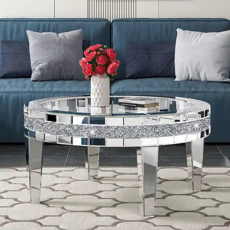 Round Glass Top Coffee Table with Crystal Inlay