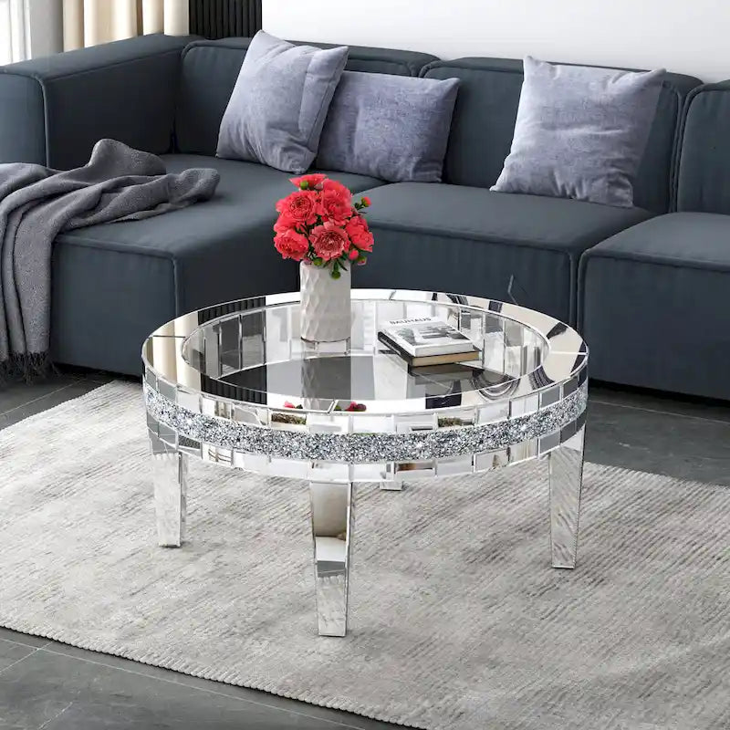 Round Glass Top Coffee Table with Crystal Inlay