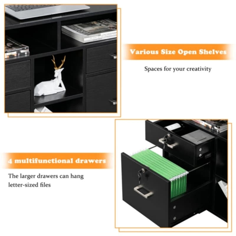 Black Wood Grain 4-drawers Wooden File Cabinet