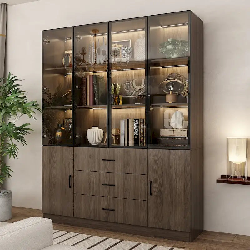 Aluminum and Glass Lighted Cabinet Customizable for Buffet/Bookshelf