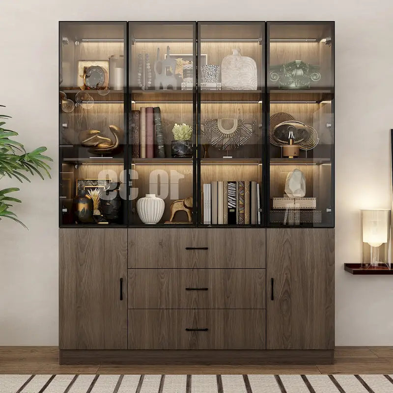 Aluminum and Glass Lighted Cabinet Customizable for Buffet/Bookshelf