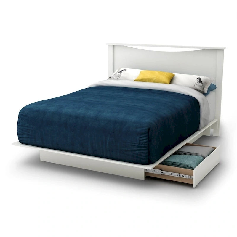 Full size White Modern Platform Bed Frame with 2 Storage Drawers