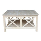 Square Unfinished Solid Wood Coffee Table with Bottom Shelf - 36 in. W x 36 in. D x 18 in. H.