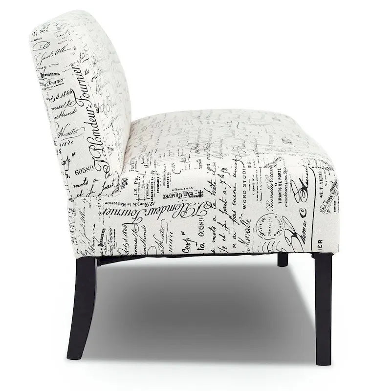 Modern Loveseat Sofa with Off-White Cursive Pattern Upholstery and Black Wood Legs - 50 x 28 x 30.5 (L x W x H)
