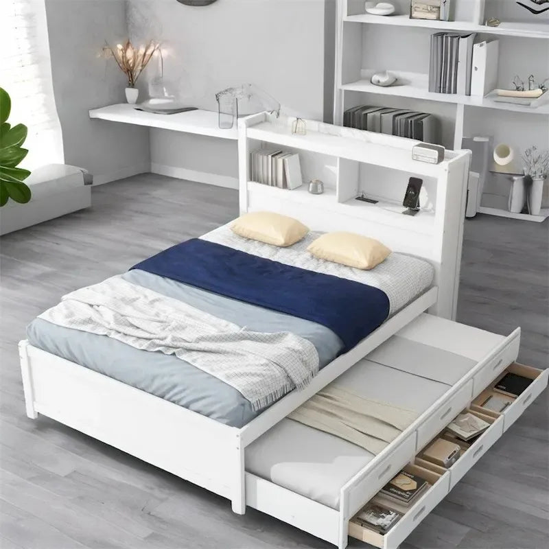 Full Size Platform Bed with Trundle and USB Plugs