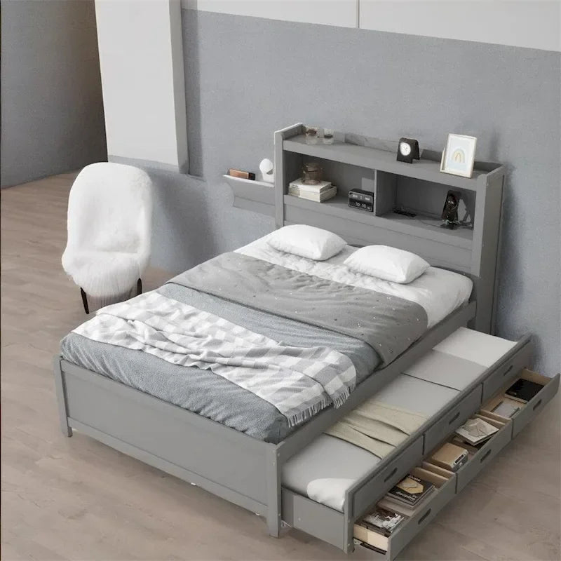 Full Size Platform Bed with Trundle and USB Plugs