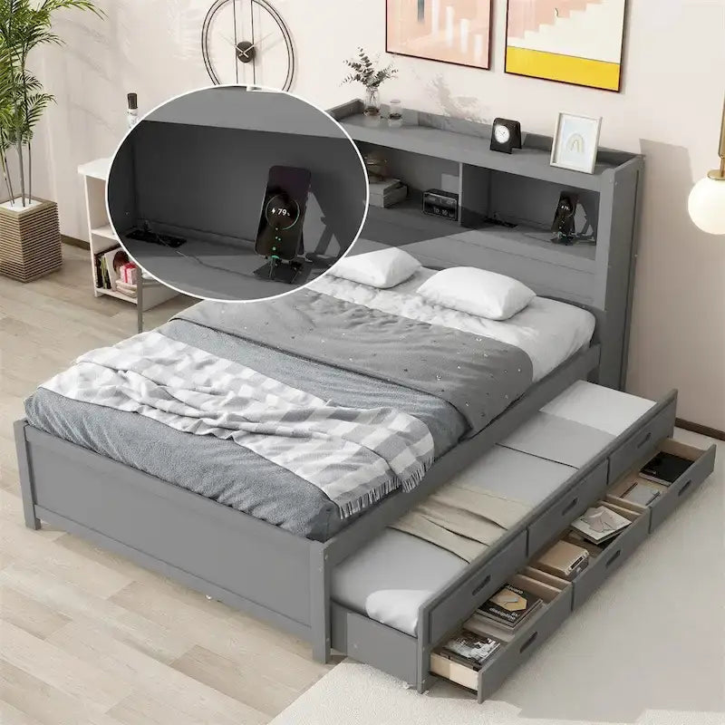 Full Size Platform Bed with Trundle and USB Plugs