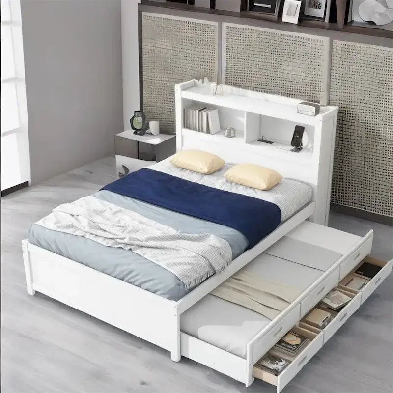Full Size Platform Bed with Trundle and USB Plugs
