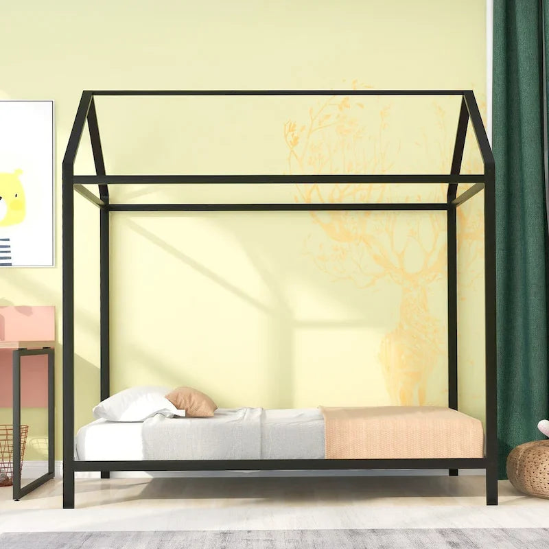 House Bed Frame Twin Size , Kids Bed Frame Metal Platform Bed Floor Bed for Kids Boys Girls No Box Spring Needed
