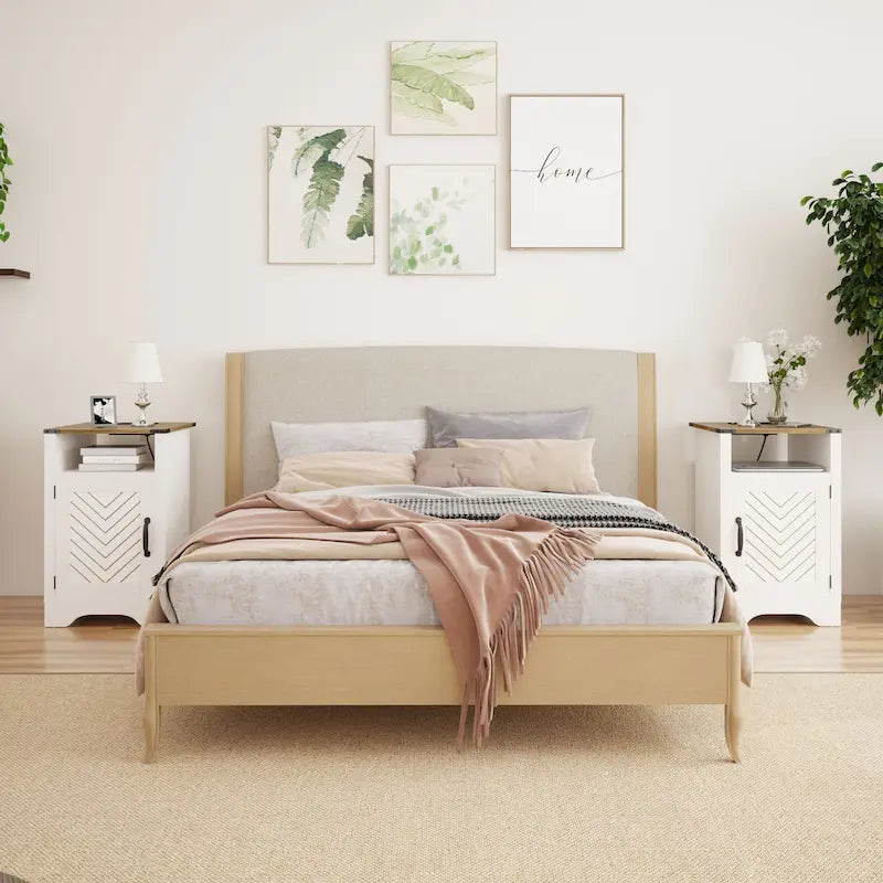 Farmhouse Nightstand with Charging Station and Barn Door (Set of 2)