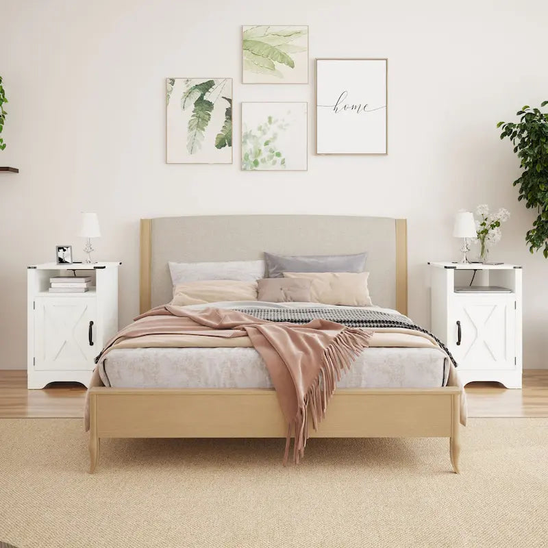 Farmhouse Nightstand with Charging Station and Barn Door (Set of 2)