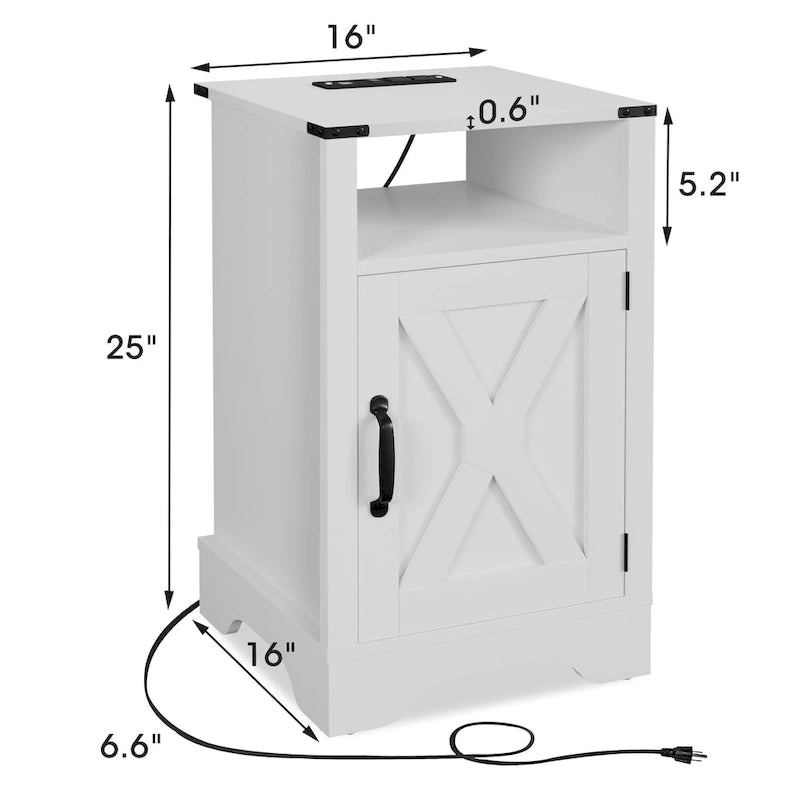 Farmhouse Nightstand with Charging Station and Barn Door (Set of 2)