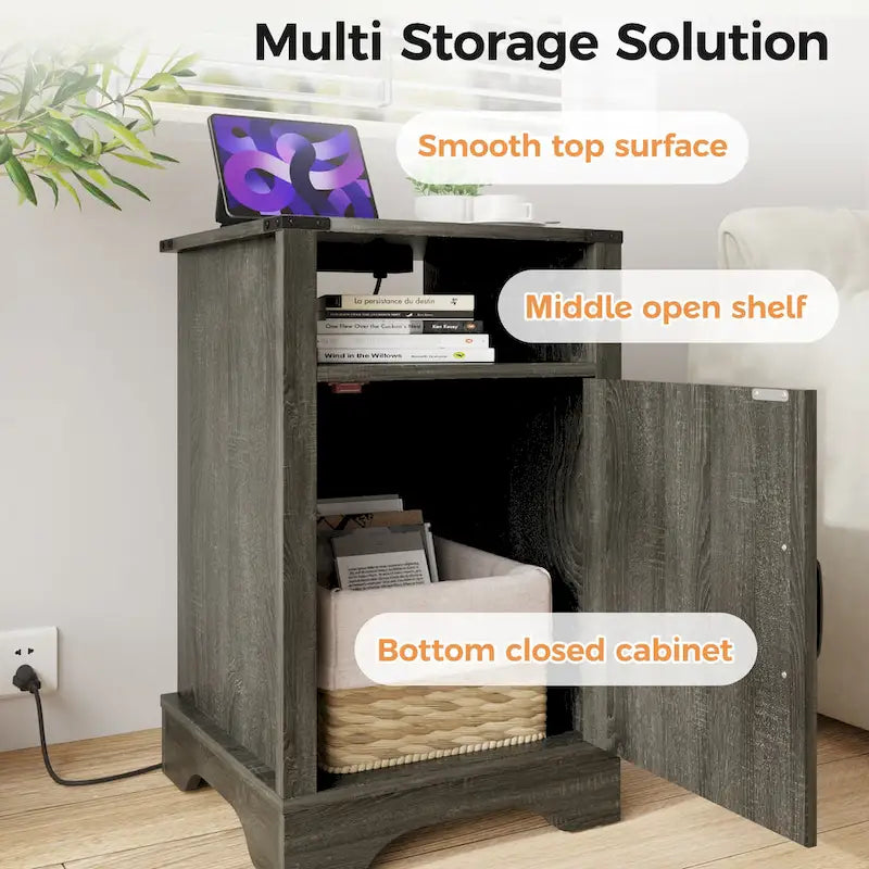 Farmhouse Nightstand with Charging Station and Barn Door (Set of 2)