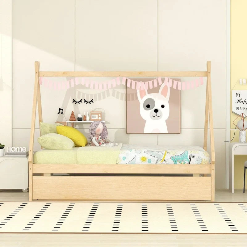 Twin size Tent Floor Teepee Bed with Trundle for bedroom