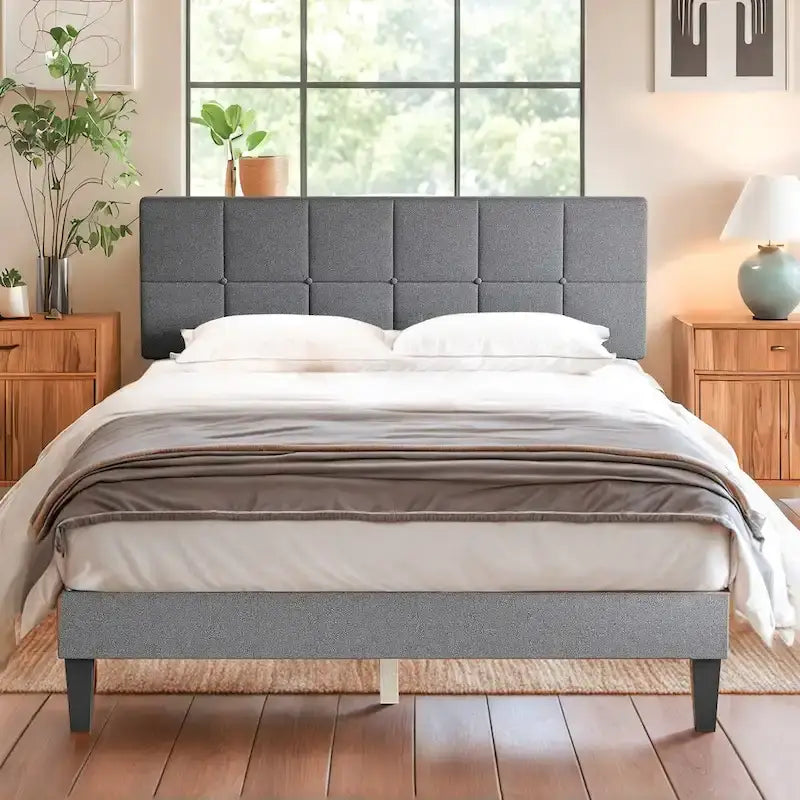Linen Upholstered Platform Bed Wood Bed Frame with Headboard, No Box Spring Needed, Noise Free, T/F/Q Size