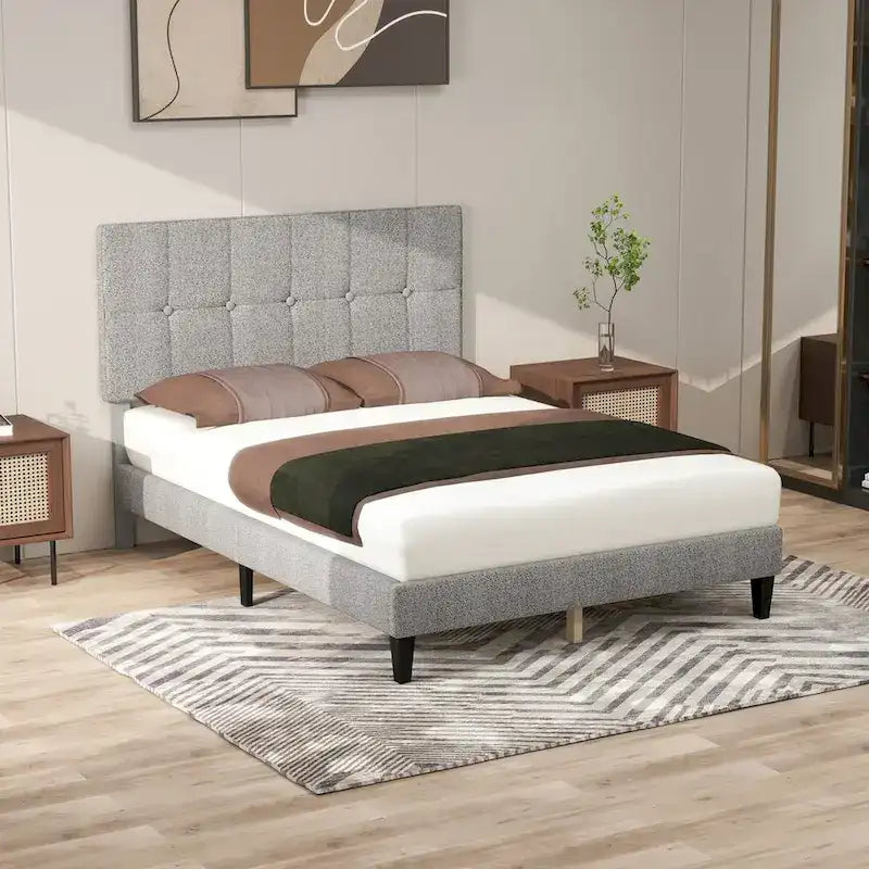 Linen Upholstered Platform Bed Wood Bed Frame with Headboard, No Box Spring Needed, Noise Free, T/F/Q Size