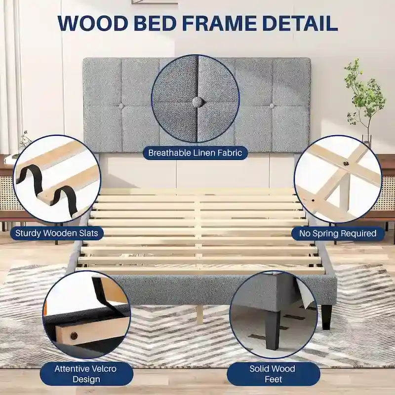 Linen Upholstered Platform Bed Wood Bed Frame with Headboard, No Box Spring Needed, Noise Free, T/F/Q Size