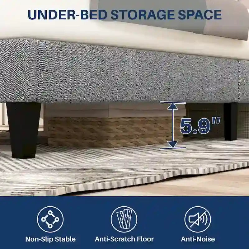 Linen Upholstered Platform Bed Wood Bed Frame with Headboard, No Box Spring Needed, Noise Free, T/F/Q Size