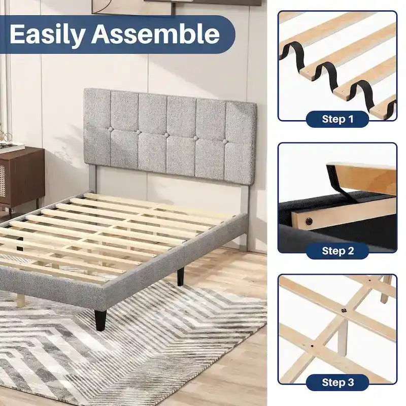 Linen Upholstered Platform Bed Wood Bed Frame with Headboard, No Box Spring Needed, Noise Free, T/F/Q Size