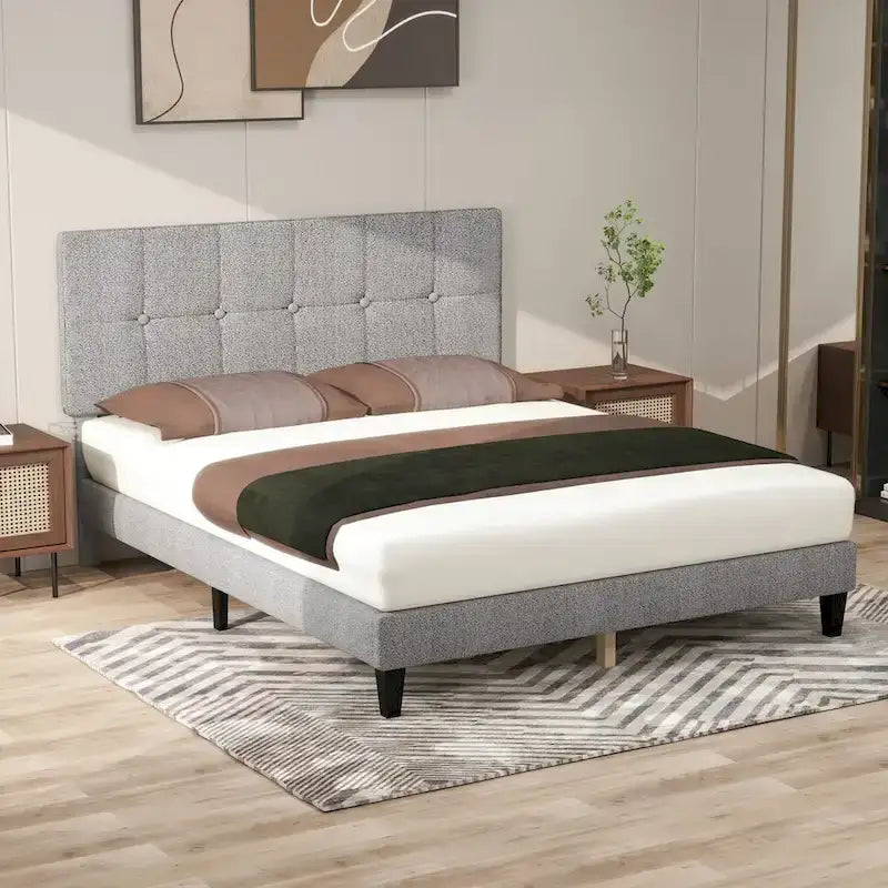 Linen Upholstered Platform Bed Wood Bed Frame with Headboard, No Box Spring Needed, Noise Free, T/F/Q Size