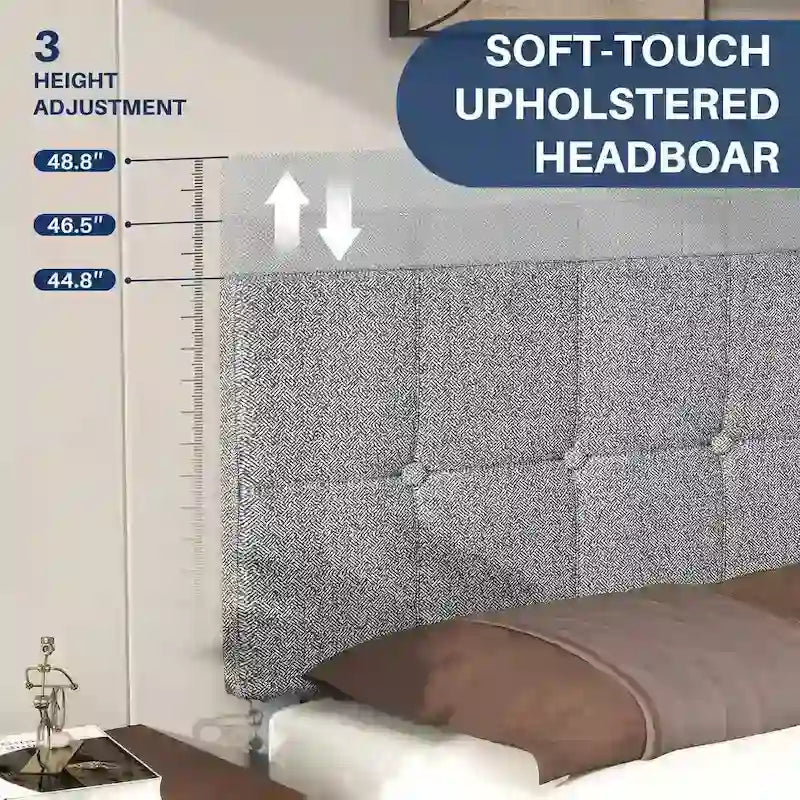 Linen Upholstered Platform Bed Wood Bed Frame with Headboard, No Box Spring Needed, Noise Free, T/F/Q Size