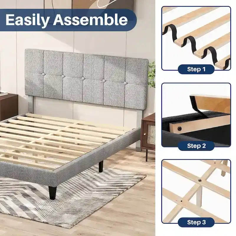 Linen Upholstered Platform Bed Wood Bed Frame with Headboard, No Box Spring Needed, Noise Free, T/F/Q Size