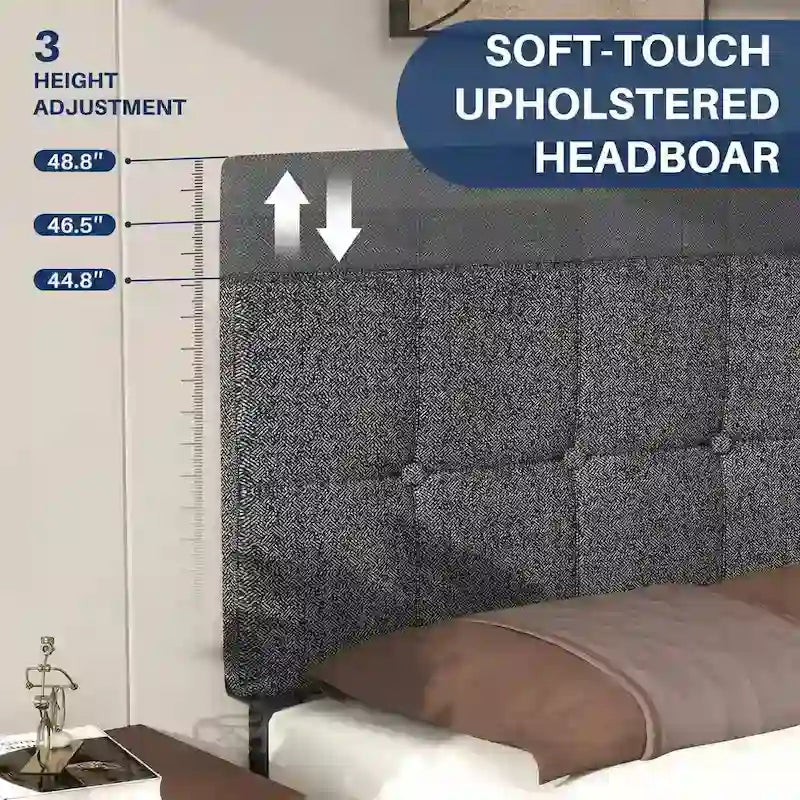 Linen Upholstered Platform Bed Wood Bed Frame with Headboard, No Box Spring Needed, Noise Free, T/F/Q Size