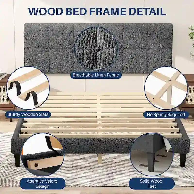 Linen Upholstered Platform Bed Wood Bed Frame with Headboard, No Box Spring Needed, Noise Free, T/F/Q Size