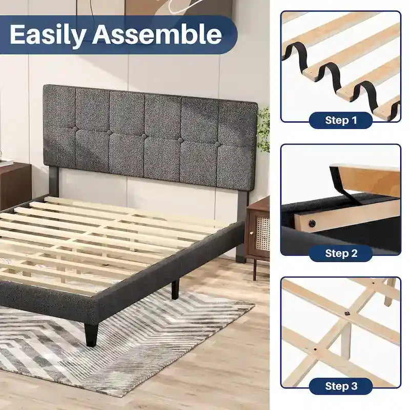 Linen Upholstered Platform Bed Wood Bed Frame with Headboard, No Box Spring Needed, Noise Free, T/F/Q Size