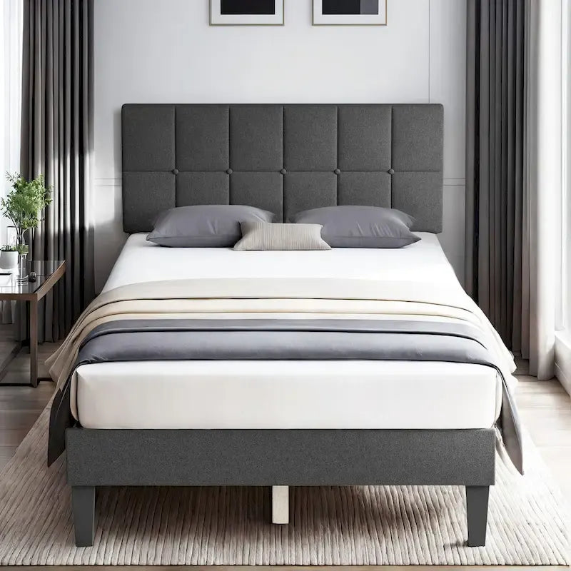 Linen Upholstered Platform Bed Wood Bed Frame with Headboard, No Box Spring Needed, Noise Free, T/F/Q Size