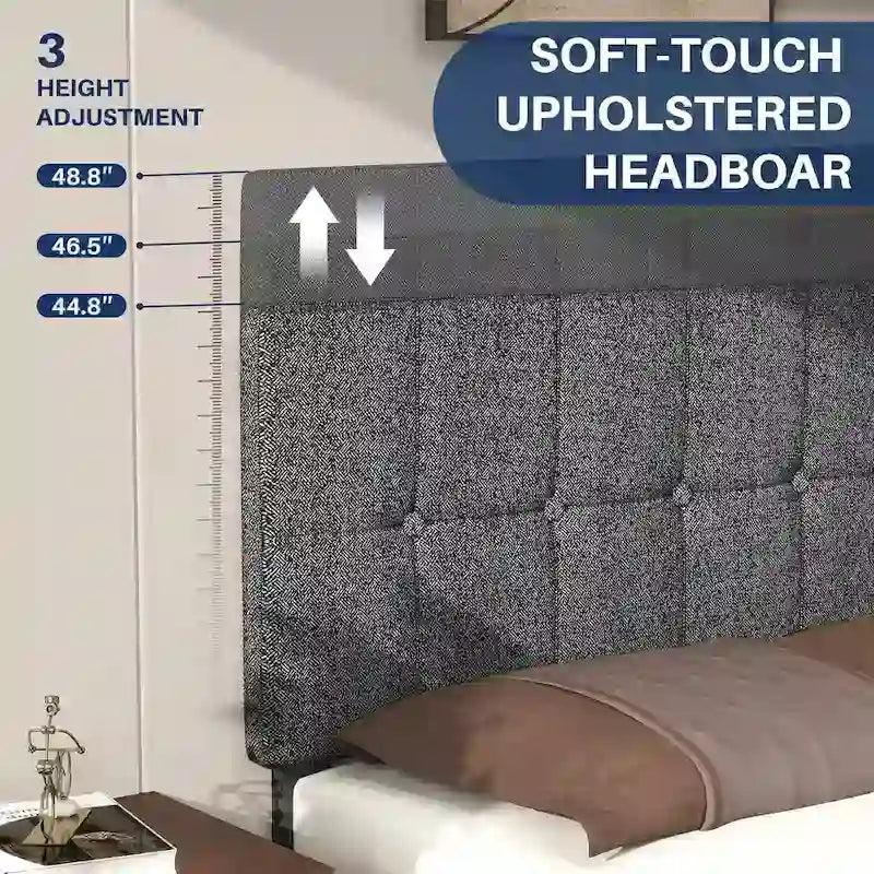 Linen Upholstered Platform Bed Wood Bed Frame with Headboard, No Box Spring Needed, Noise Free, T/F/Q Size