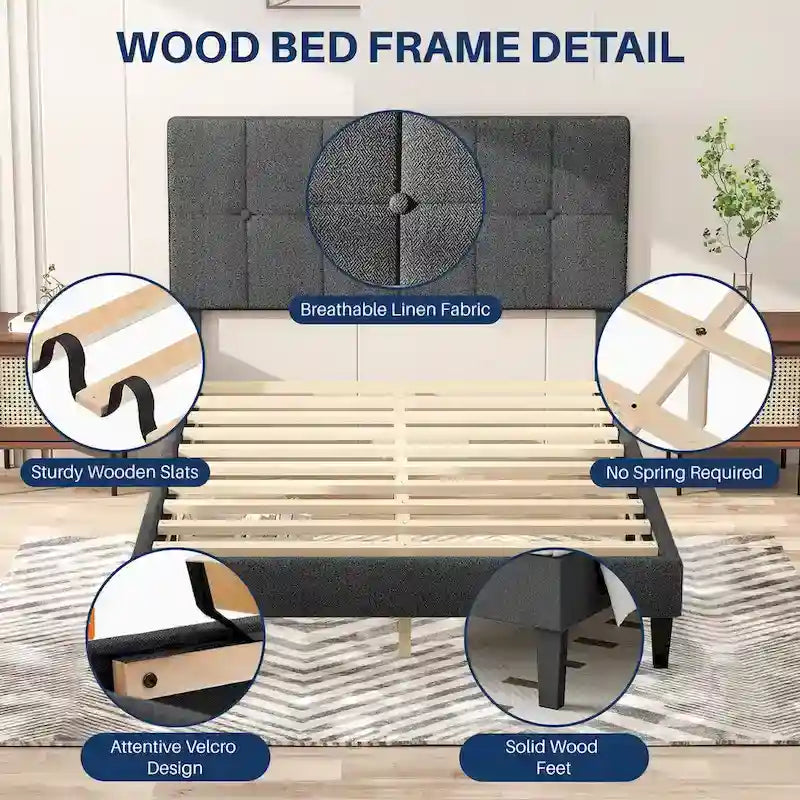 Linen Upholstered Platform Bed Wood Bed Frame with Headboard, No Box Spring Needed, Noise Free, T/F/Q Size