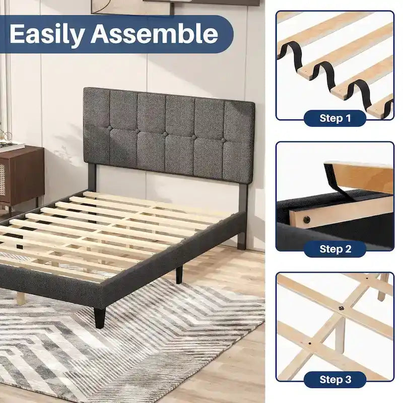 Linen Upholstered Platform Bed Wood Bed Frame with Headboard, No Box Spring Needed, Noise Free, T/F/Q Size