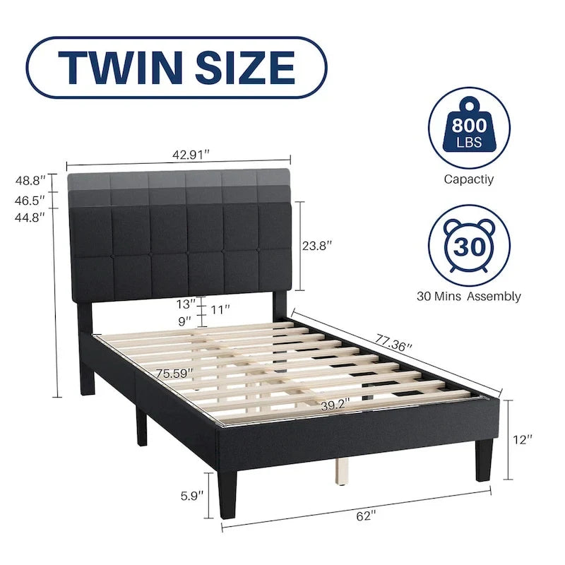 Linen Upholstered Platform Bed Wood Bed Frame with Headboard, No Box Spring Needed, Noise Free, T/F/Q Size