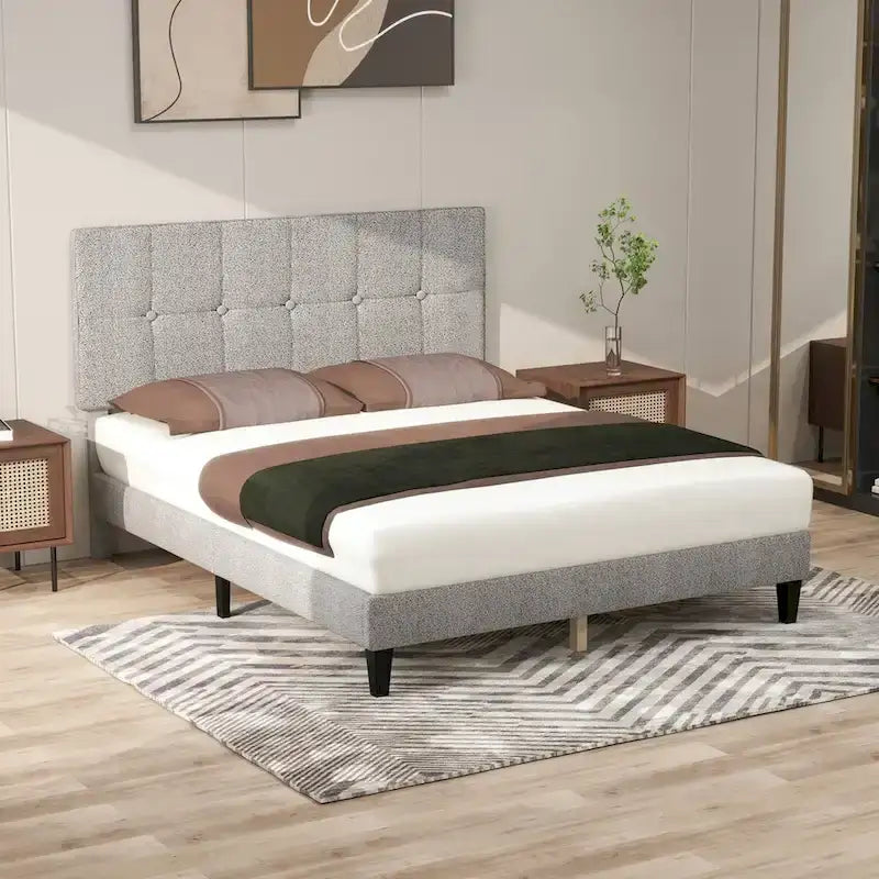 Linen Upholstered Platform Bed Wood Bed Frame with Headboard, No Box Spring Needed, Noise Free, T/F/Q Size