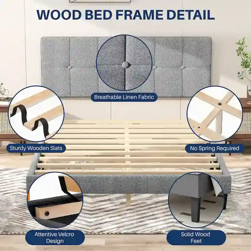 Linen Upholstered Platform Bed Wood Bed Frame with Headboard, No Box Spring Needed, Noise Free, T/F/Q Size