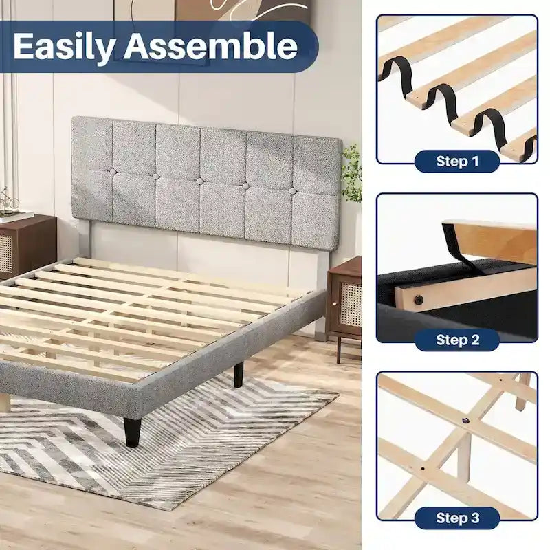 Linen Upholstered Platform Bed Wood Bed Frame with Headboard, No Box Spring Needed, Noise Free, T/F/Q Size
