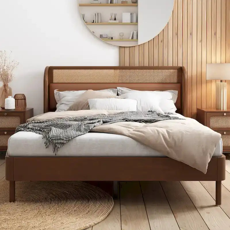 Modern Cannage Rattan Wood Platform Queen Bed