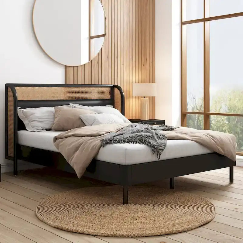 Modern Cannage Rattan Wood Platform Queen Bed