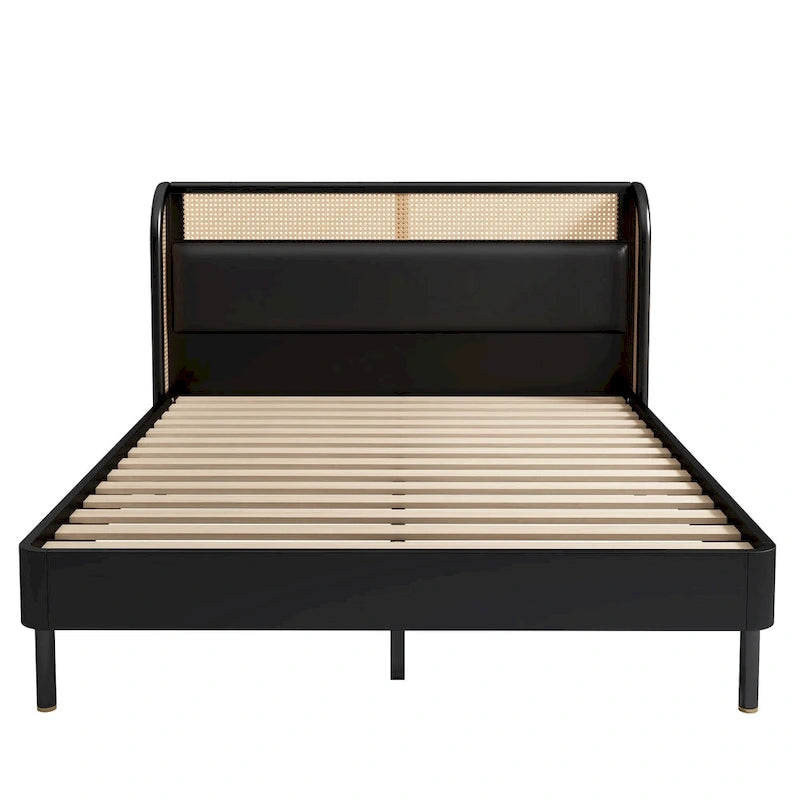 Modern Cannage Rattan Wood Platform Queen Bed