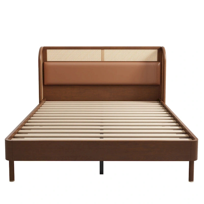 Modern Cannage Rattan Wood Platform Queen Bed