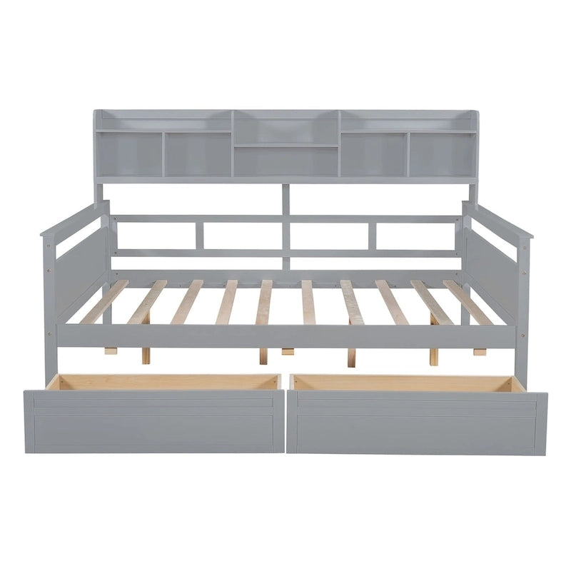 Full size Daybed, Wood Slat Support, with Bedside Shelf and Two Drawers