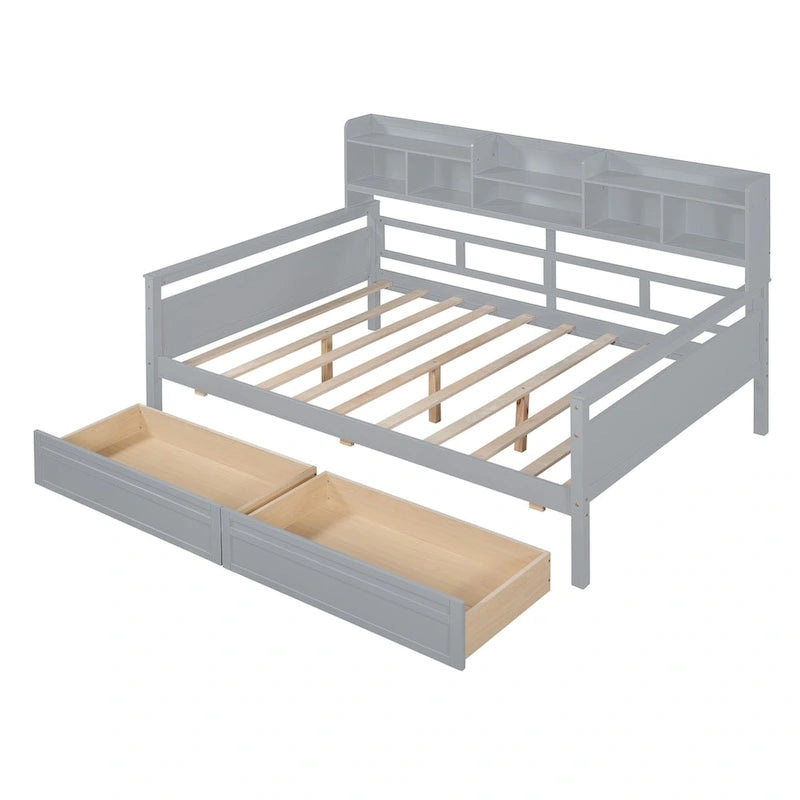Full size Daybed, Wood Slat Support, with Bedside Shelf and Two Drawers