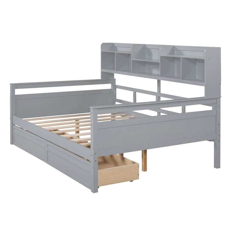 Full size Daybed, Wood Slat Support, with Bedside Shelf and Two Drawers
