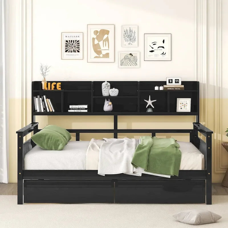 Full size Daybed, Wood Slat Support, with Bedside Shelf and Two Drawers