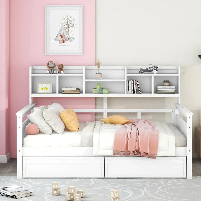 Full size Daybed, Wood Slat Support, with Bedside Shelf and Two Drawers