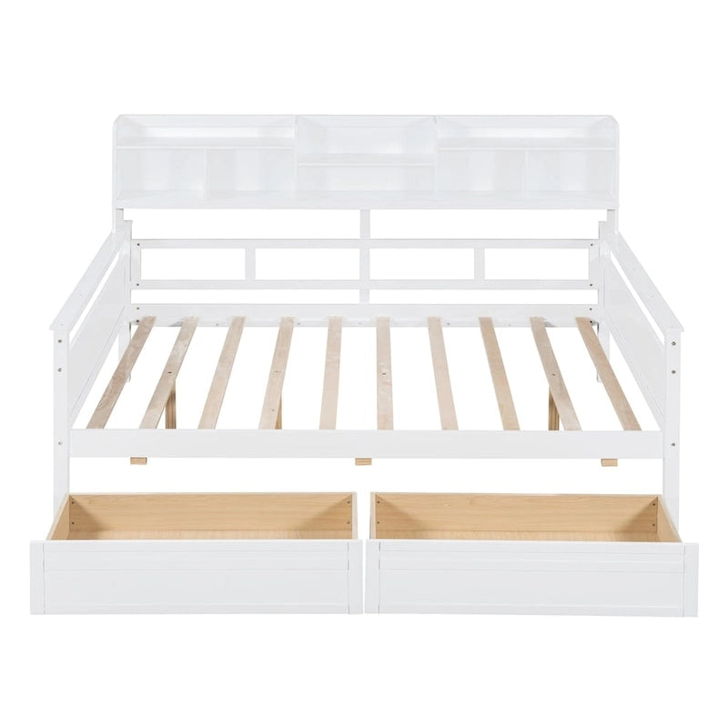 Full size Daybed, Wood Slat Support, with Bedside Shelf and Two Drawers