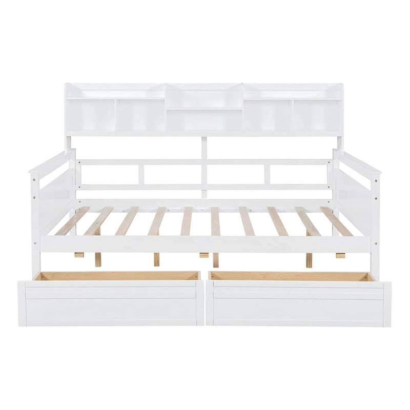 Full size Daybed, Wood Slat Support, with Bedside Shelf and Two Drawers