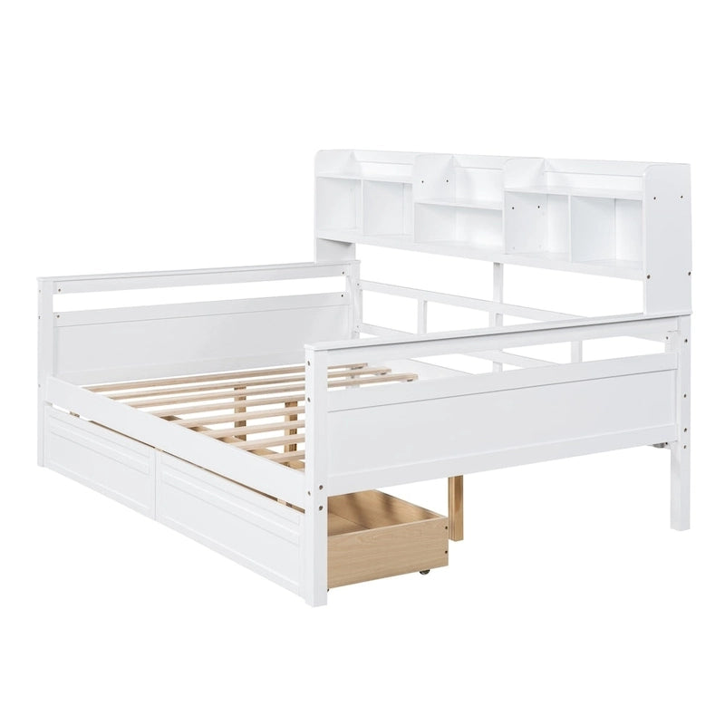 Full size Daybed, Wood Slat Support, with Bedside Shelf and Two Drawers