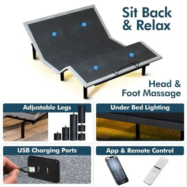 Renanim SF Adjustable Base w/ 12 Hybrid Mattress, Massage, USB, Underbed Light, App, Head & Foot Incline